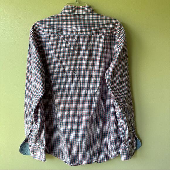Bugatchi Uomo Plaid Button Down Flip Cuff Micro Check Red White Blue 15 1/2 Med - Picture 4 of 10
